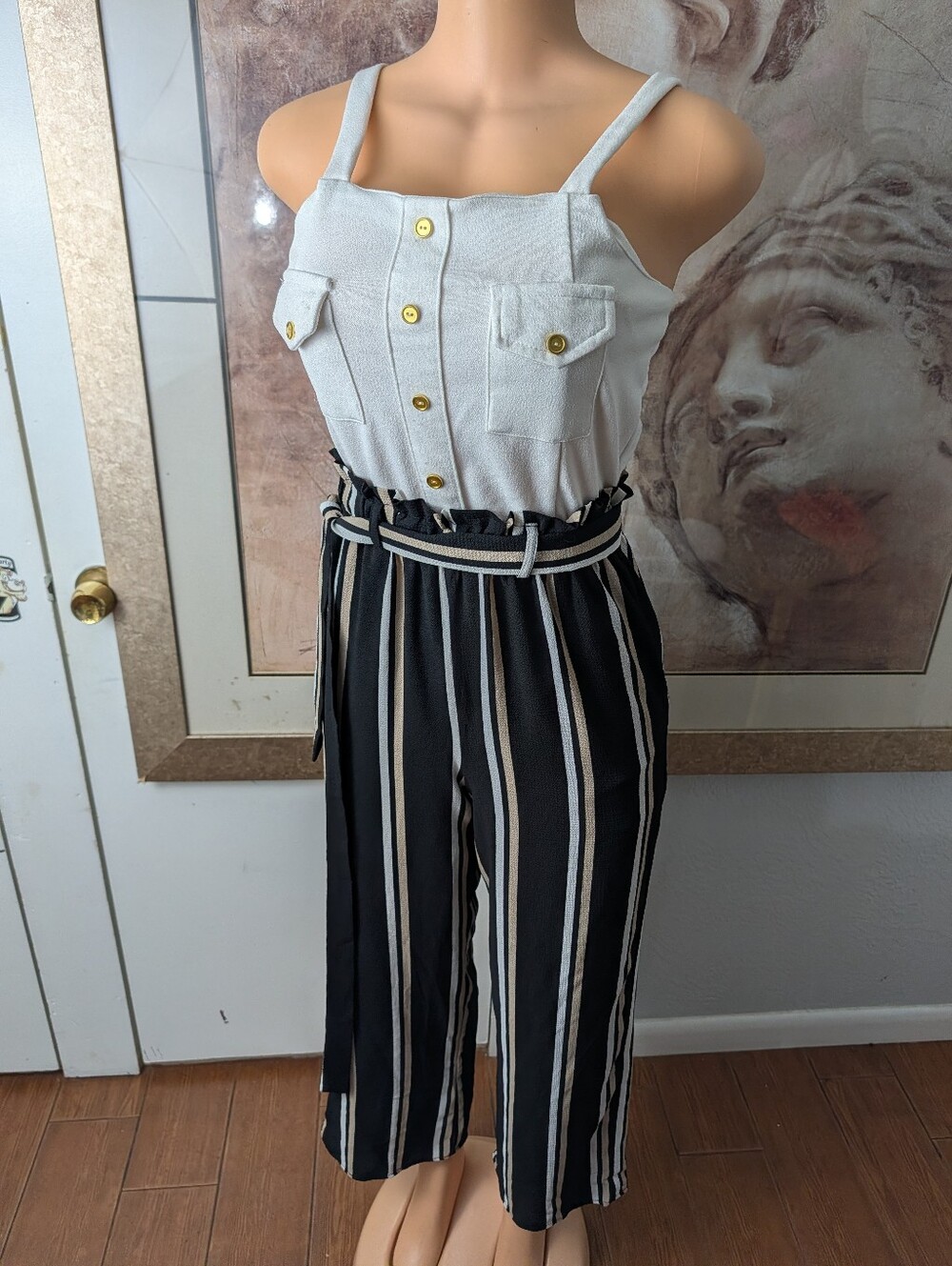 J For Justify Mixed Media Striped Wide Leg Jumpsuit Size S